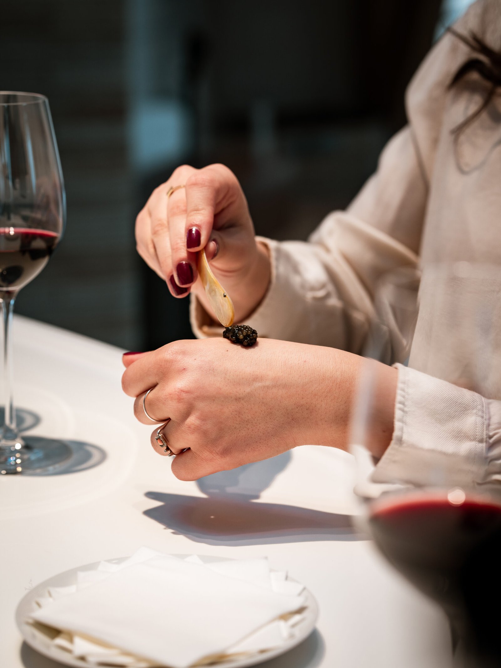 Dégustation gastronomique associant caviar et verre de vin rouge lors d’une expérience œnologique haut de gamme à Bordeaux