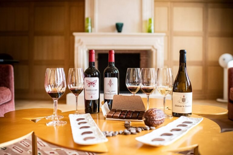 Dégustation œnologique de vins de Saint-Émilion (Fontfleurie, Fleur de Lisse, La Loubière) associée à des chocolats artisanaux, présentée dans un salon chaleureux.