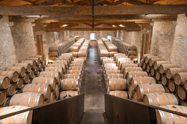 Chai d'élevage du vin à Bordeaux avec barriques en chêne alignées dans une cave en pierre d'un château viticole.