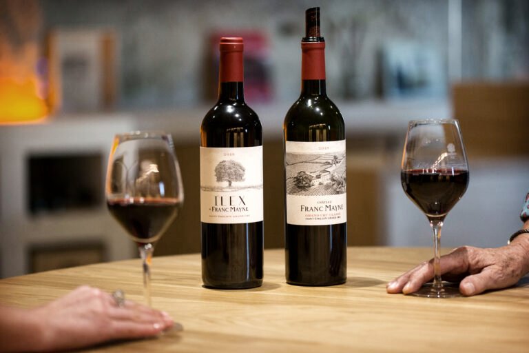 Dégustation de vins du Château Franc Mayne à Saint-Émilion avec deux bouteilles de 2018 et verres de vin rouge