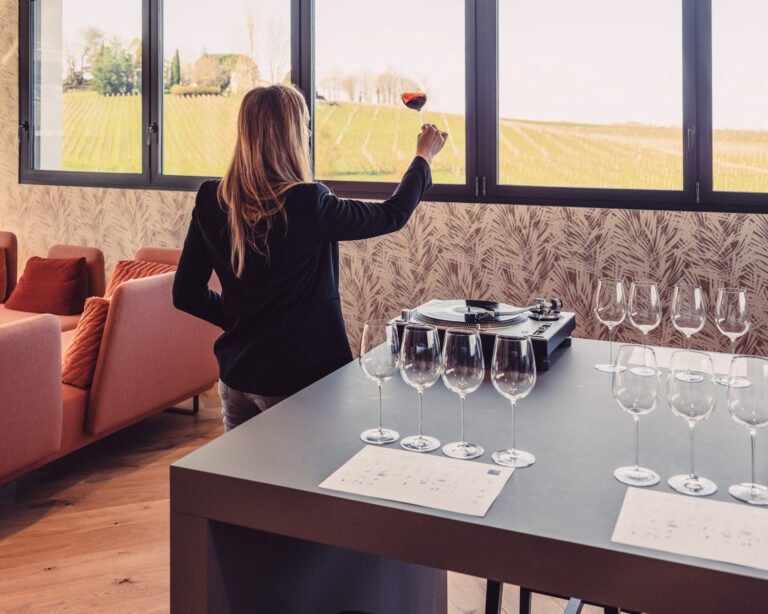 Dégustation de vin dans un salon moderne, femme tenant un verre devant une vue sur les vignes, table avec verres et platine vinyle.