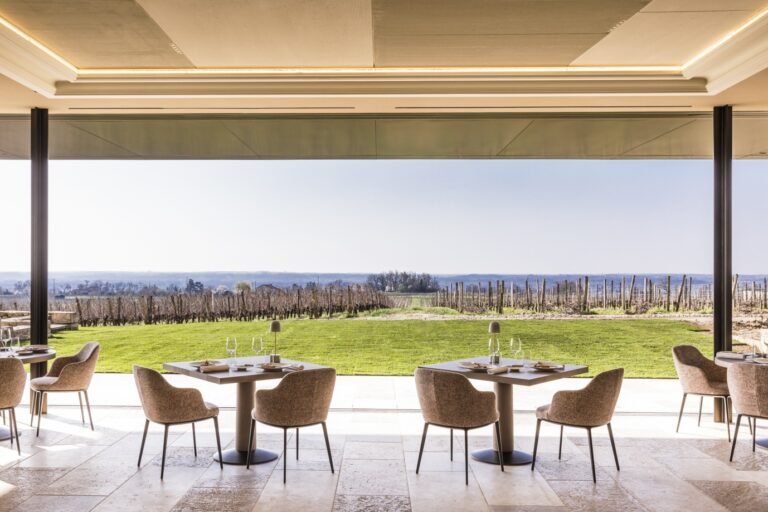Restaurant élégant avec vue panoramique sur les vignobles de Saint-Émilion, idéal pour une expérience gastronomique lors d’un weekend œnologique à Bordeaux