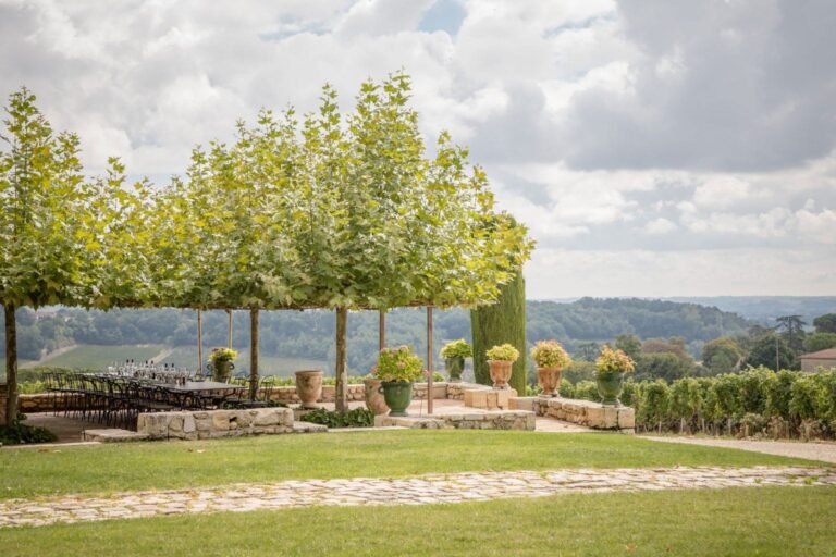 Terrasse ombragée surplombant les vignobles de Saint-Émilion, parfaite pour une dégustation en plein air lors d’une excursion œnologique à Bordeaux