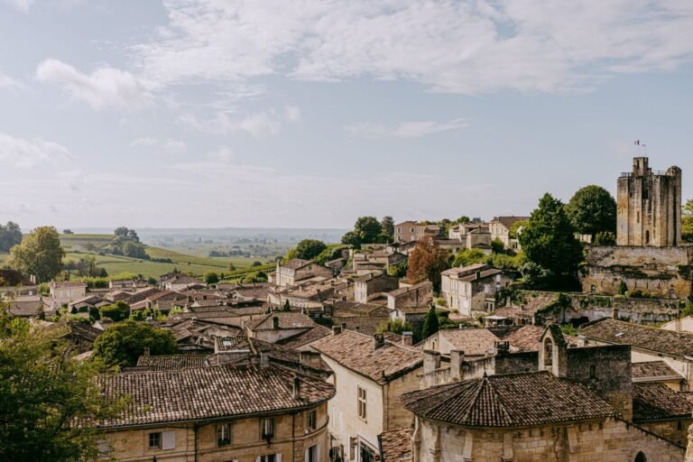 Vue panoramique du village médiéval de Saint-Émilion avec ses toits en pierre et ses vignobles environnants