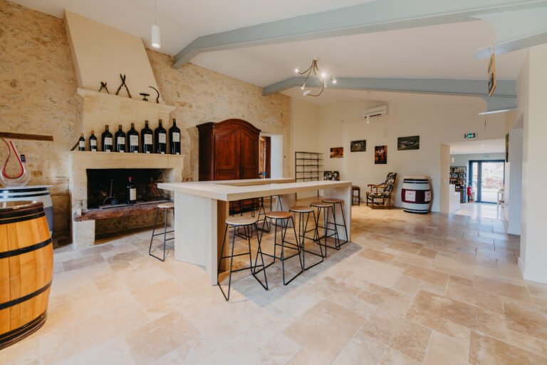 Salle de dégustation chaleureuse d’un château viticole de Bordeaux, idéale pour découvrir les vins du domaine lors d’une excursion œnologique.
