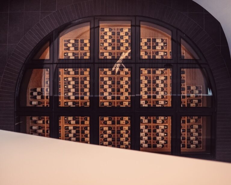 Collection de bouteilles soigneusement alignées dans la cave d’un domaine viticole bordelais, symbole d’une expérience œnologique haut de gamme à Bordeaux