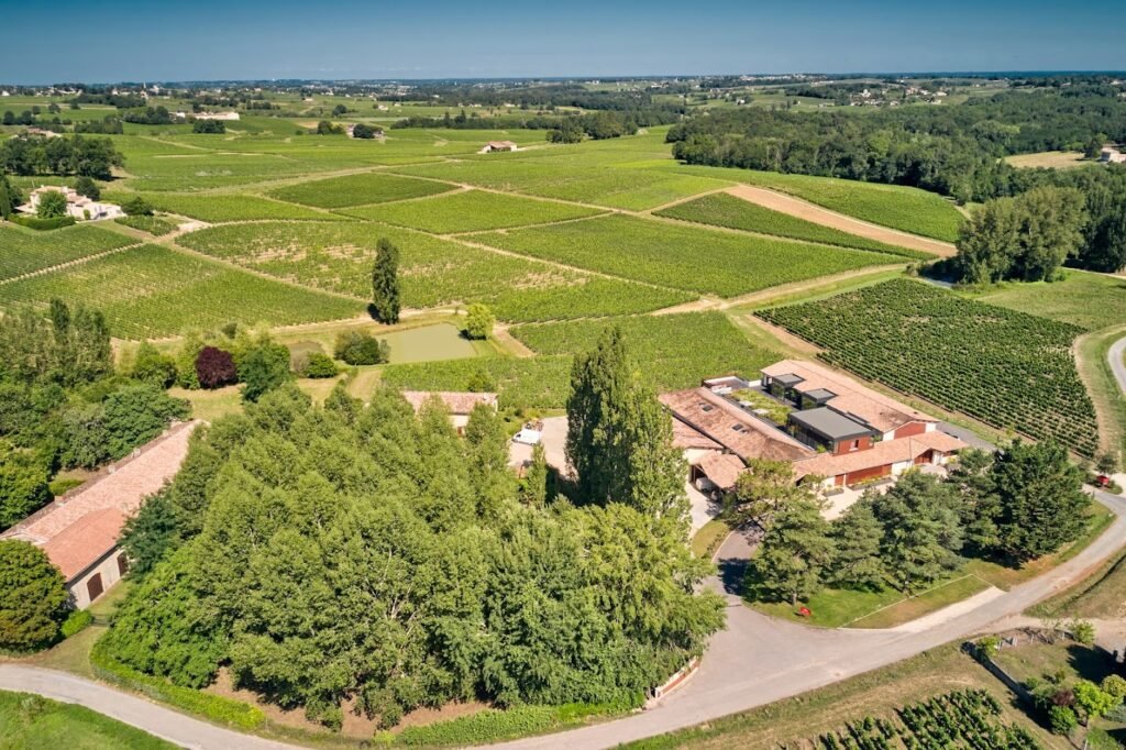 Vue aérienne d’un domaine viticole entouré de vignes à Bordeaux, offrant un cadre paisible idéal pour une excursion œnologique raffinée.
